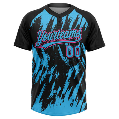 Custom Black Sky Blue-Pink Splatter Torn Sharp Brush Stroke Two-Button Unisex Softball Jersey
