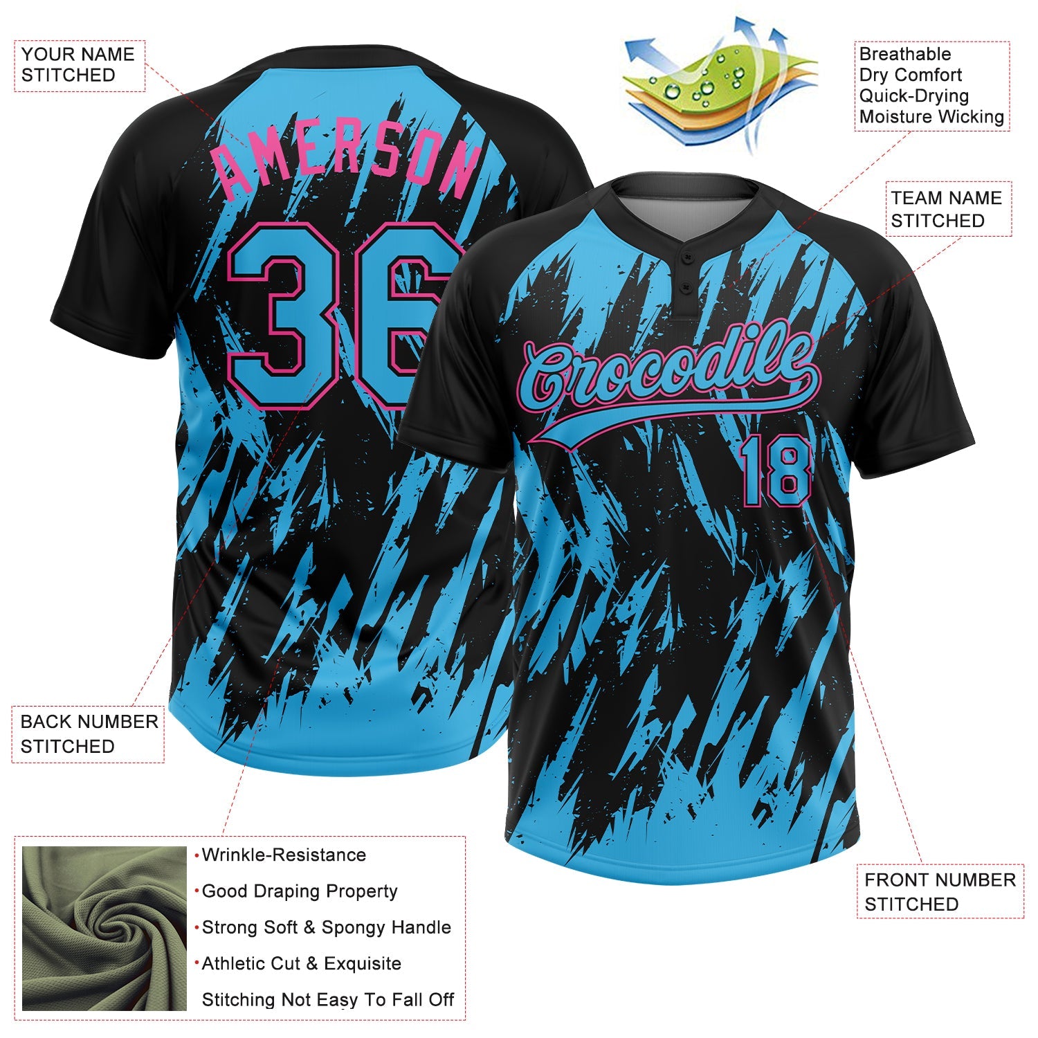 Custom Black Sky Blue-Pink Splatter Torn Sharp Brush Stroke Two-Button Unisex Softball Jersey