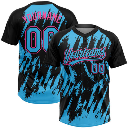 Custom Black Sky Blue-Pink Splatter Torn Sharp Brush Stroke Two-Button Unisex Softball Jersey