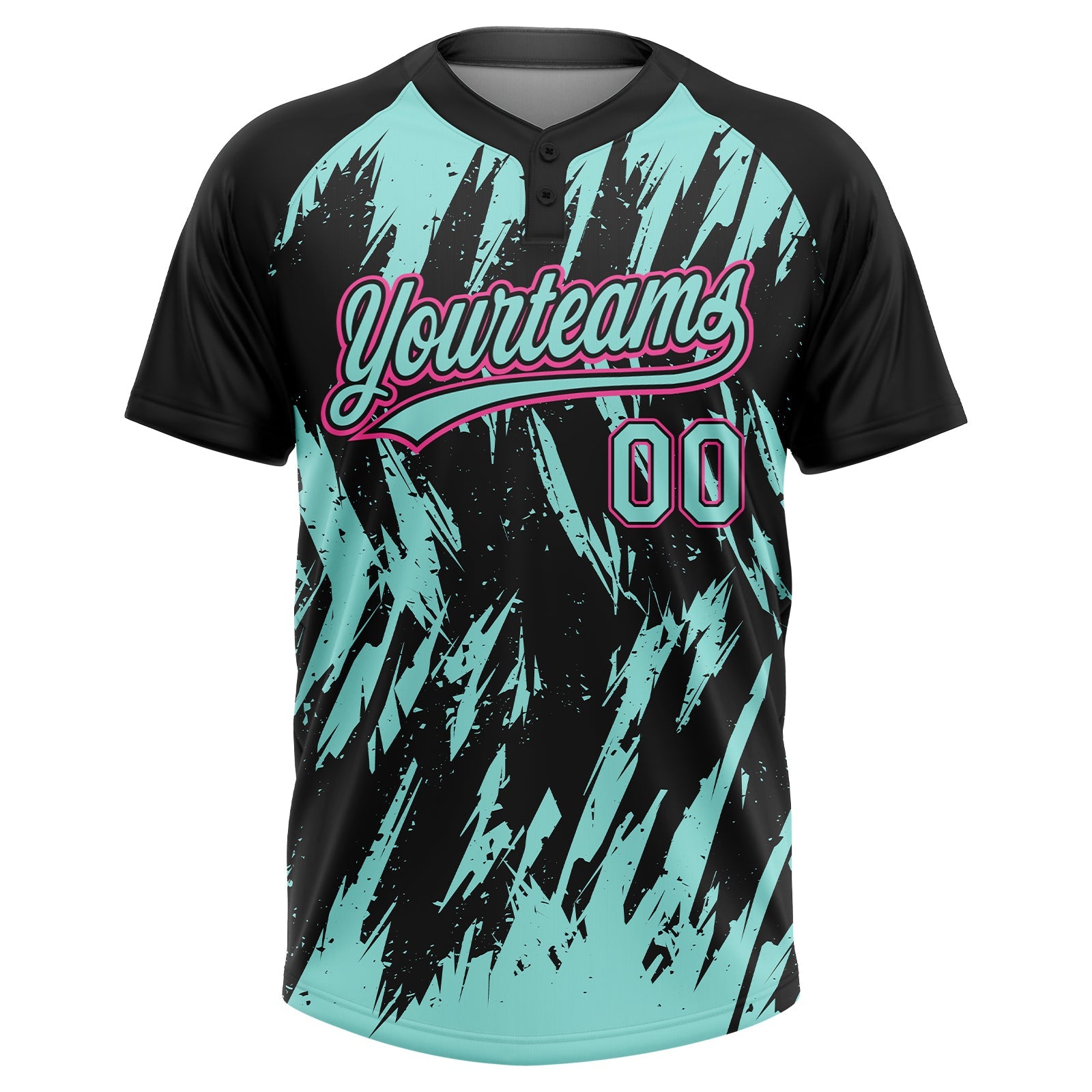 Custom Black Ice Blue-Pink Splatter Torn Sharp Brush Stroke Two-Button Unisex Softball Jersey
