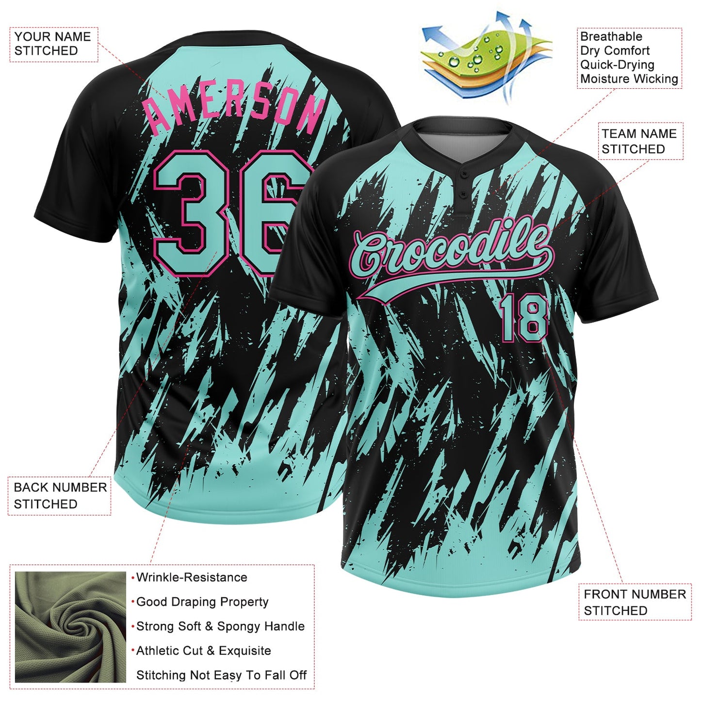 Custom Black Ice Blue-Pink Splatter Torn Sharp Brush Stroke Two-Button Unisex Softball Jersey
