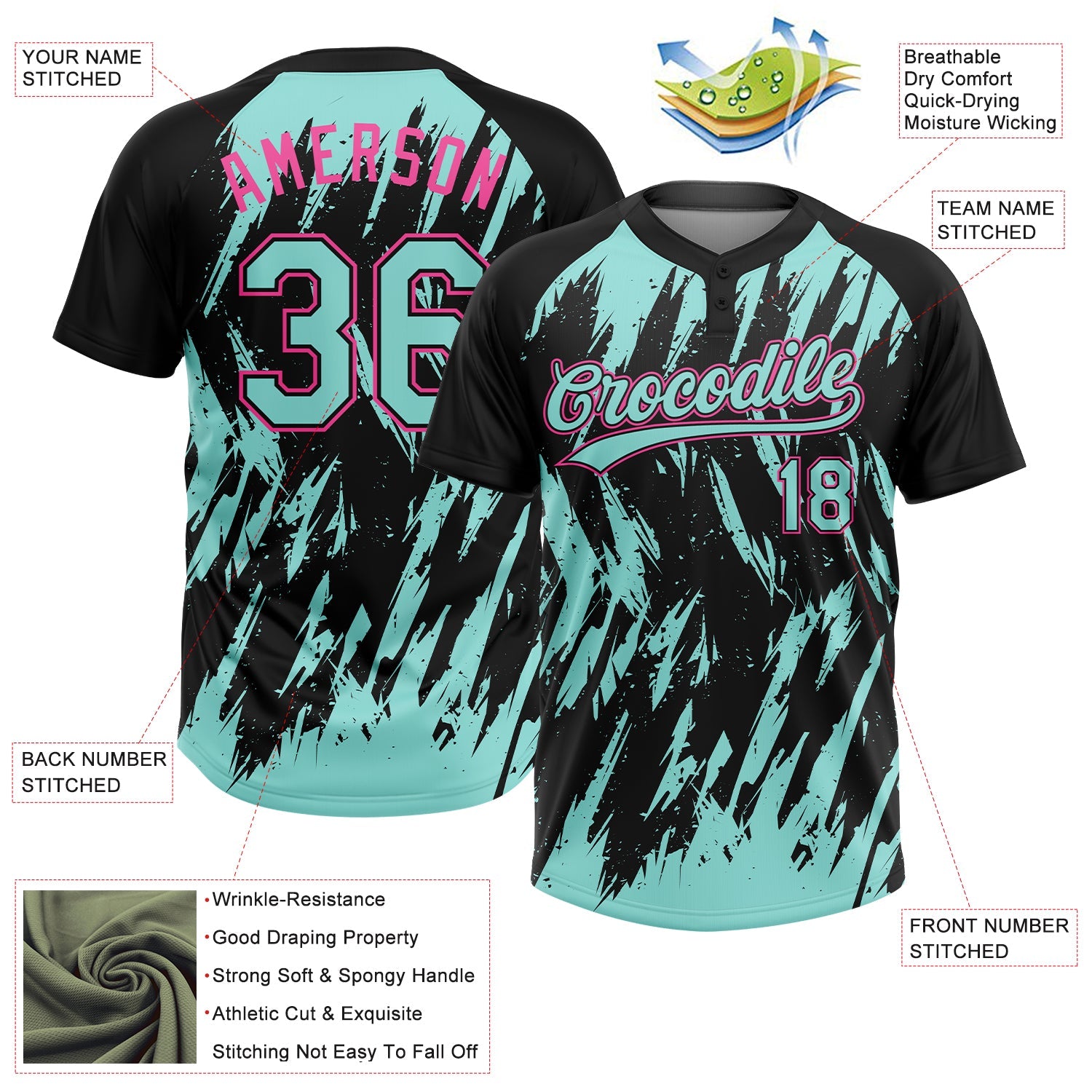 Custom Black Ice Blue-Pink Splatter Torn Sharp Brush Stroke Two-Button Unisex Softball Jersey