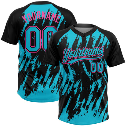 Custom Black Lakes Blue-Pink Splatter Torn Sharp Brush Stroke Two-Button Unisex Softball Jersey