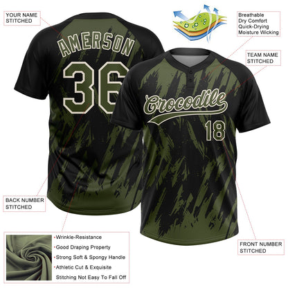 Custom Black Olive-Cream Splatter Torn Sharp Brush Stroke Two-Button Unisex Softball Jersey