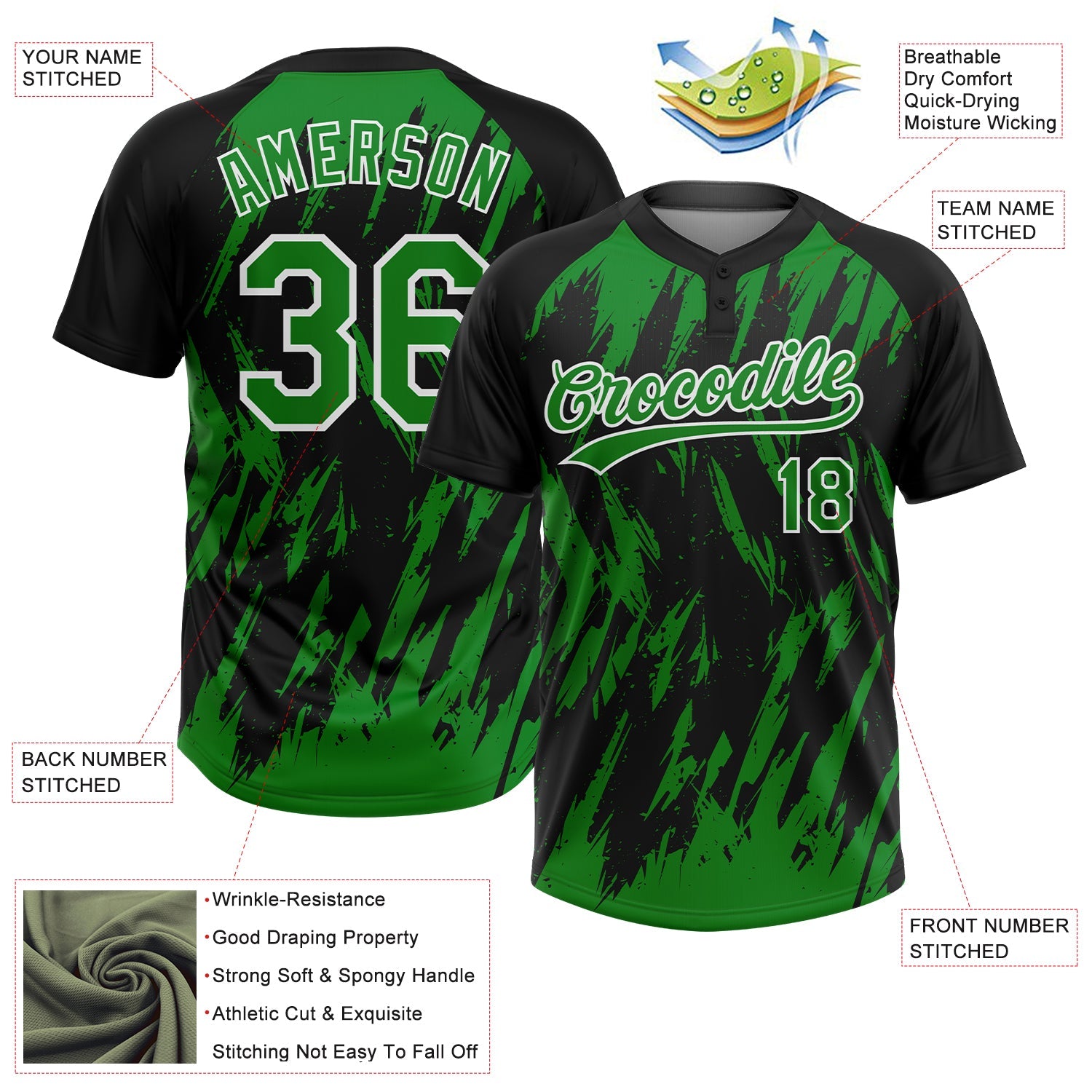 Custom Black Grass Green-White Splatter Torn Sharp Brush Stroke Two-Button Unisex Softball Jersey