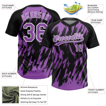 Custom Black Medium Purple-White Splatter Torn Sharp Brush Stroke Two-Button Unisex Softball Jersey