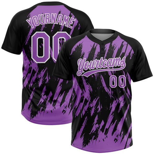 Custom Black Medium Purple-White Splatter Torn Sharp Brush Stroke Two-Button Unisex Softball Jersey