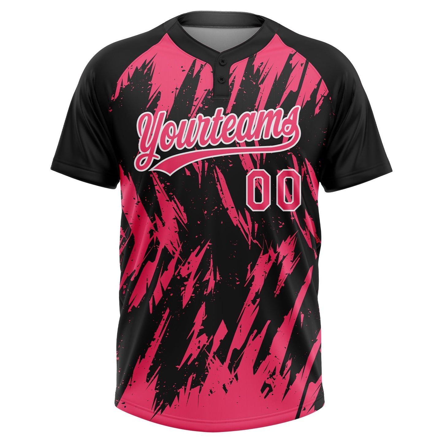 Custom Black Neon Pink-White Splatter Torn Sharp Brush Stroke Two-Button Unisex Softball Jersey