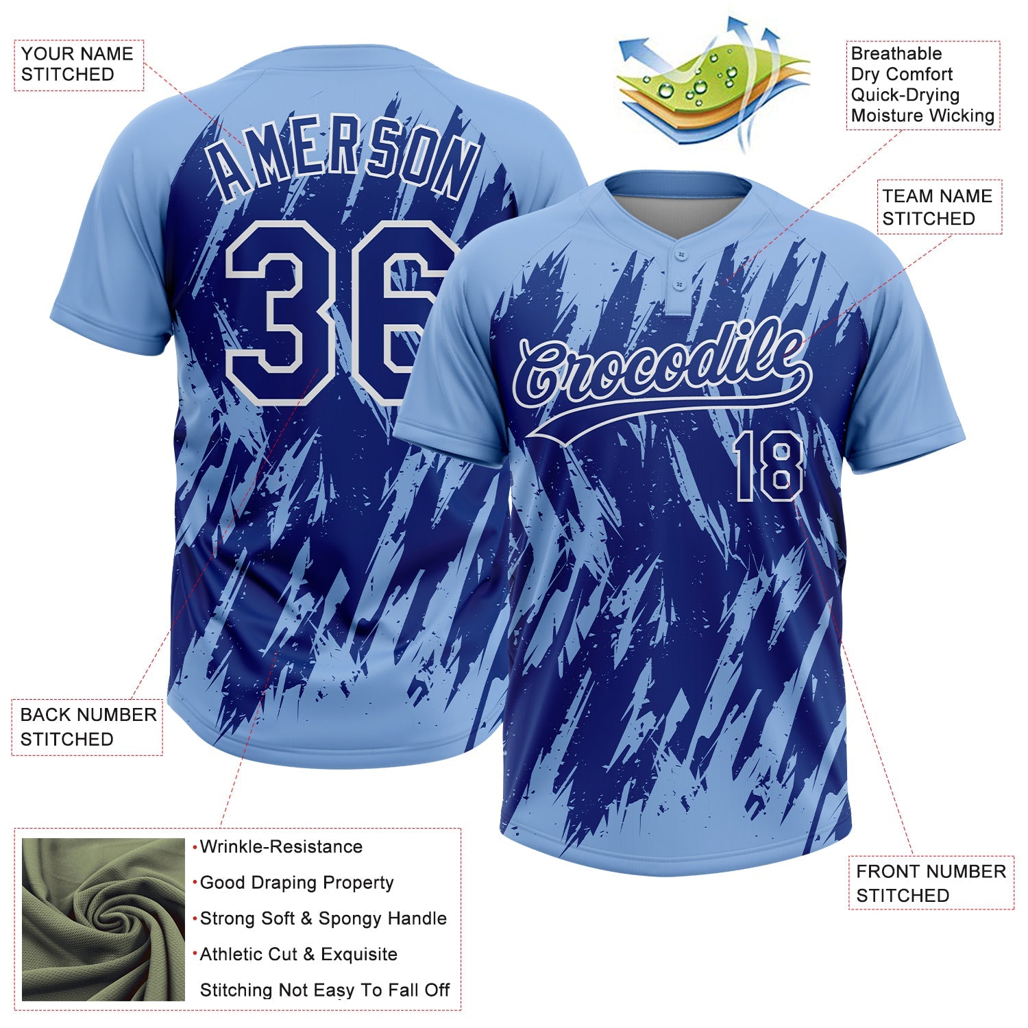Custom Light Blue Royal-White Splatter Torn Sharp Brush Stroke Two-Button Unisex Softball Jersey
