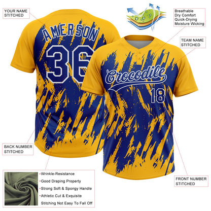 Custom Gold Royal-White Splatter Torn Sharp Brush Stroke Two-Button Unisex Softball Jersey