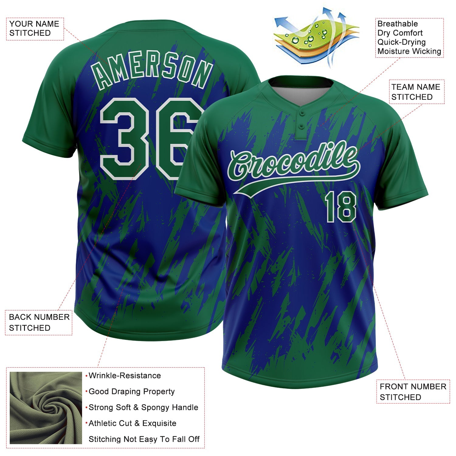 Custom Kelly Green Royal-White Splatter Torn Sharp Brush Stroke Two-Button Unisex Softball Jersey