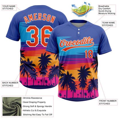 Custom Royal Orange-White Tropical Hawaii Palm Trees Two-Button Unisex Softball Jersey