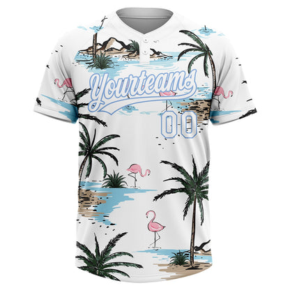Custom White Light Blue Tropical Hawaii Palm Trees And Flamingo Two-Button Unisex Softball Jersey