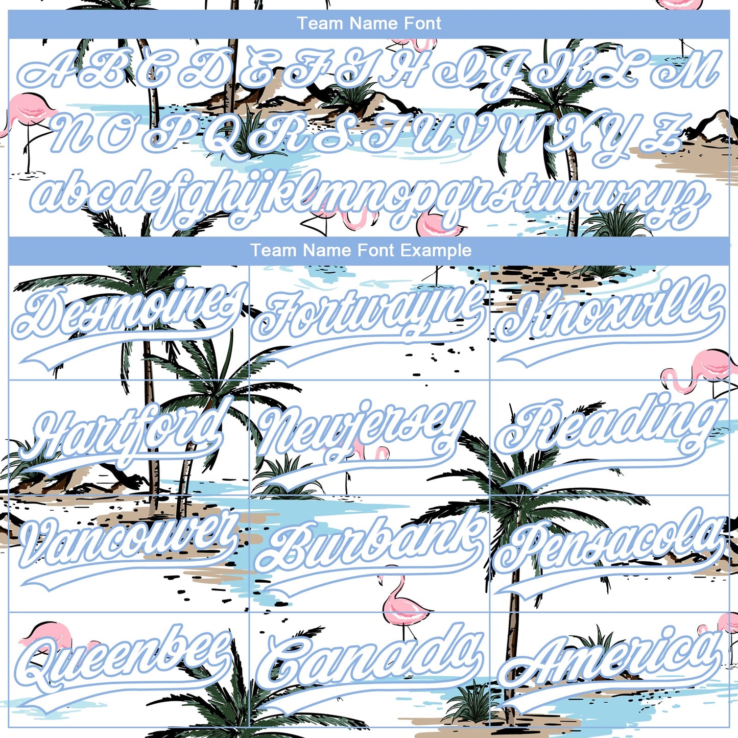Custom White Light Blue Tropical Hawaii Palm Trees And Flamingo Two-Button Unisex Softball Jersey