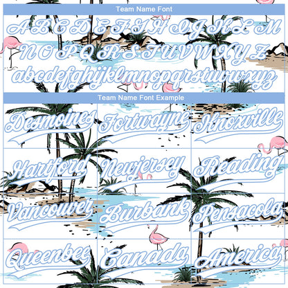 Custom White Light Blue Tropical Hawaii Palm Trees And Flamingo Two-Button Unisex Softball Jersey