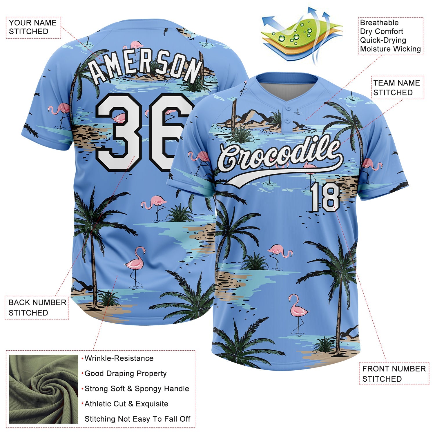 Custom Light Blue White-Black Tropical Hawaii Palm Trees And Flamingo Two-Button Unisex Softball Jersey