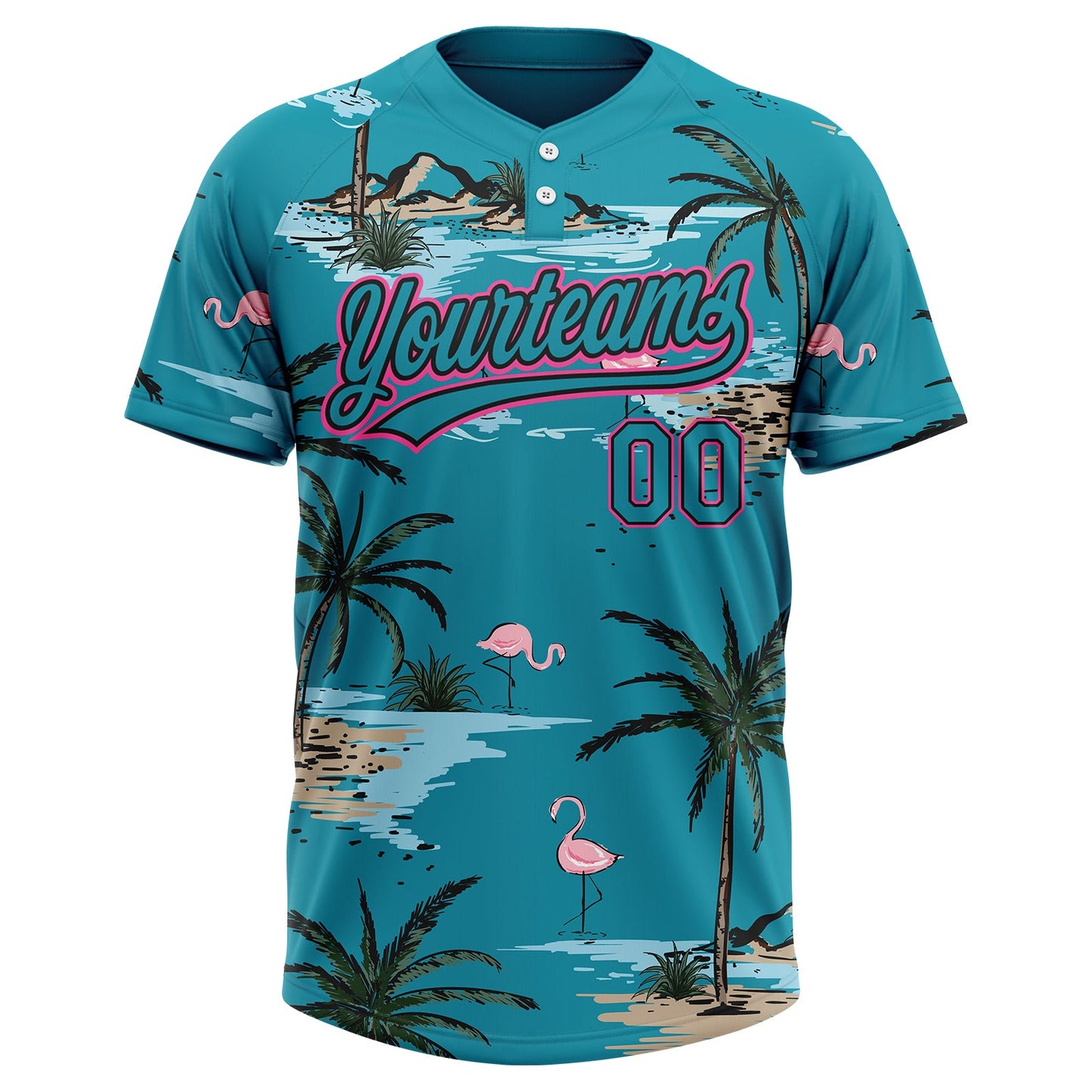 Custom Teal Black-Pink Tropical Hawaii Palm Trees And Flamingo Two-Button Unisex Softball Jersey