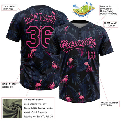 Custom Black Pink Tropical Hawaii Palm Leaves And Flamingo Two-Button Unisex Softball Jersey