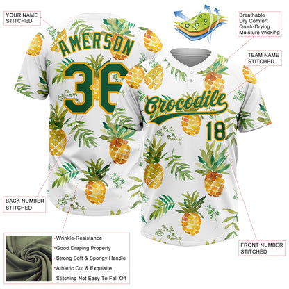 Custom White Kelly Green-Gold Hawaii Fruit Pineapples Two-Button Unisex Softball Jersey