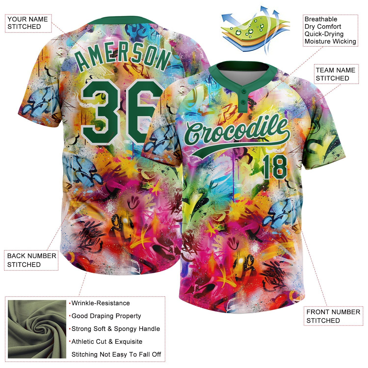 Custom Graffiti Pattern Kelly Green-White Vibrant Multi-Color Street Style Two-Button Unisex Softball Jersey