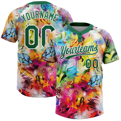 Custom Graffiti Pattern Kelly Green-White Vibrant Multi-Color Street Style Two-Button Unisex Softball Jersey