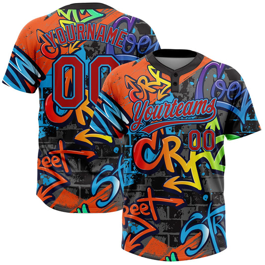 Custom Graffiti Pattern Red Sky Blue-Navy Vibrant Multi-Color Street Style Two-Button Unisex Softball Jersey