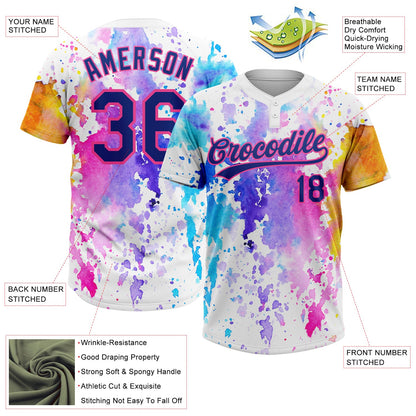 Custom White Royal-Pink Watercolor Spalsh Two-Button Unisex Softball Jersey