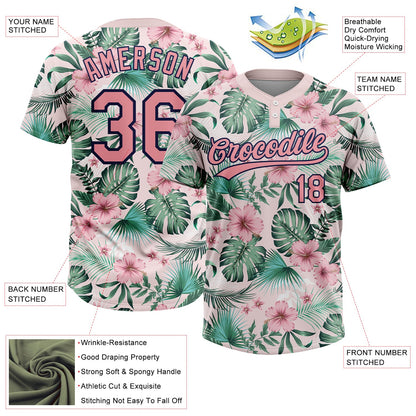 Custom White Medium Pink-Navy Hawaii Palm Leaves And Flowers Two-Button Unisex Softball Jersey