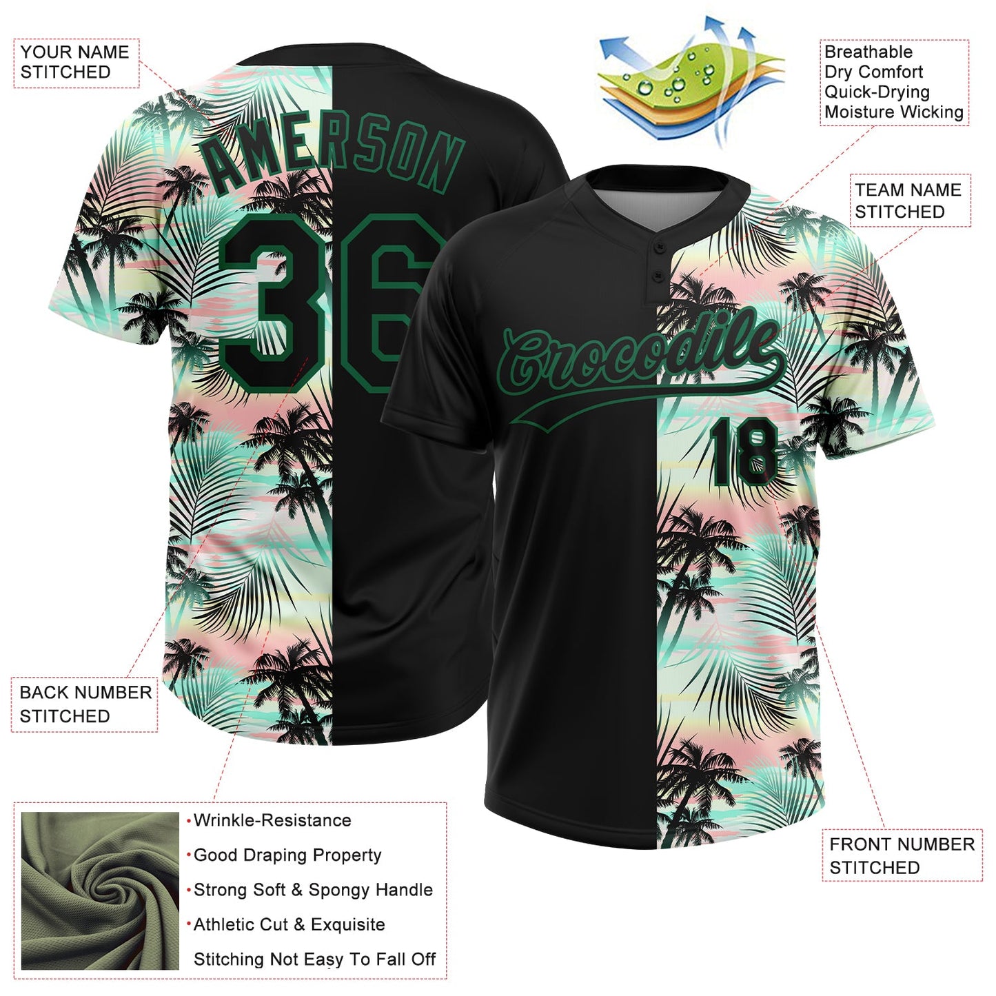 Custom Black Kelly Green Tropical Palm Leaves Two-Button Unisex Softball Jersey