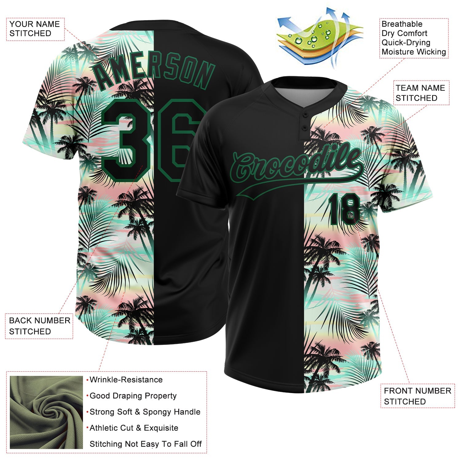 Custom Black Kelly Green Tropical Palm Leaves Two-Button Unisex Softball Jersey