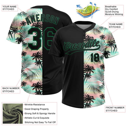 Custom Black Kelly Green Tropical Palm Leaves Two-Button Unisex Softball Jersey