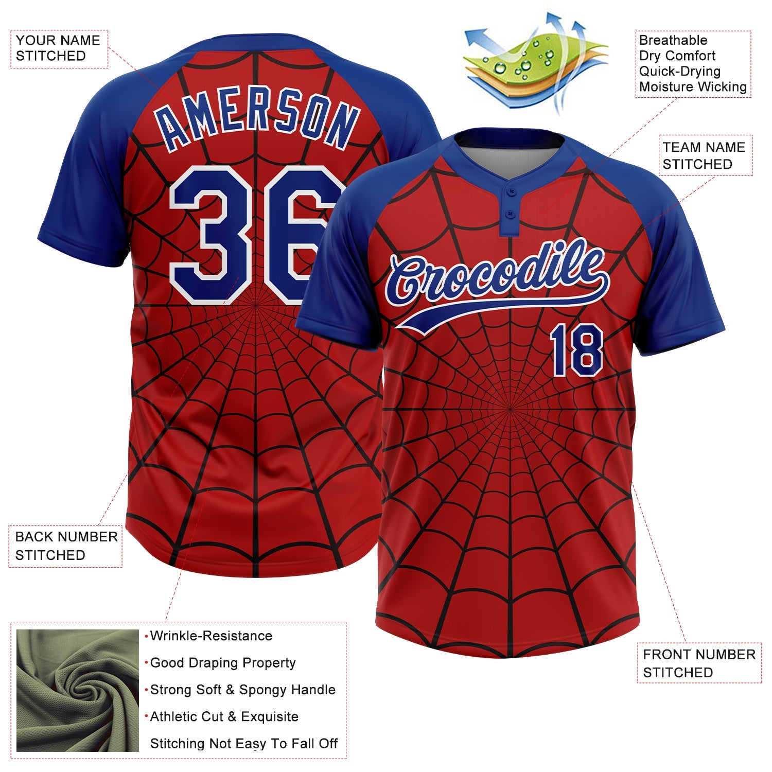 Custom Red Royal-White Spider Web 3D Pattern Design Two-Button Unisex Softball Jersey