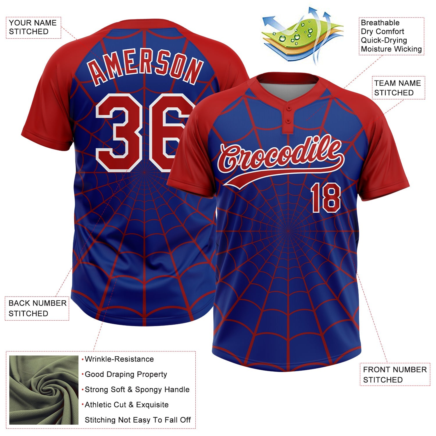 Custom Royal Red-White Spider Web 3D Pattern Design Two-Button Unisex Softball Jersey