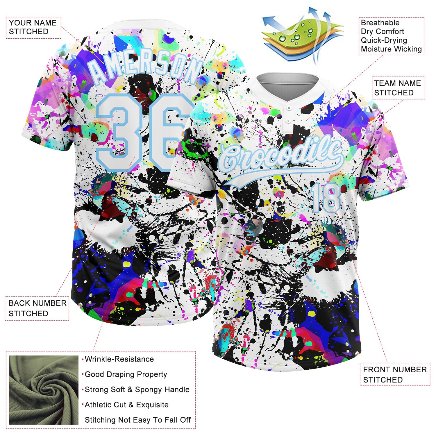 Custom Graffiti Pattern White-Light Blue Splash Two-Button Unisex Softball Jersey