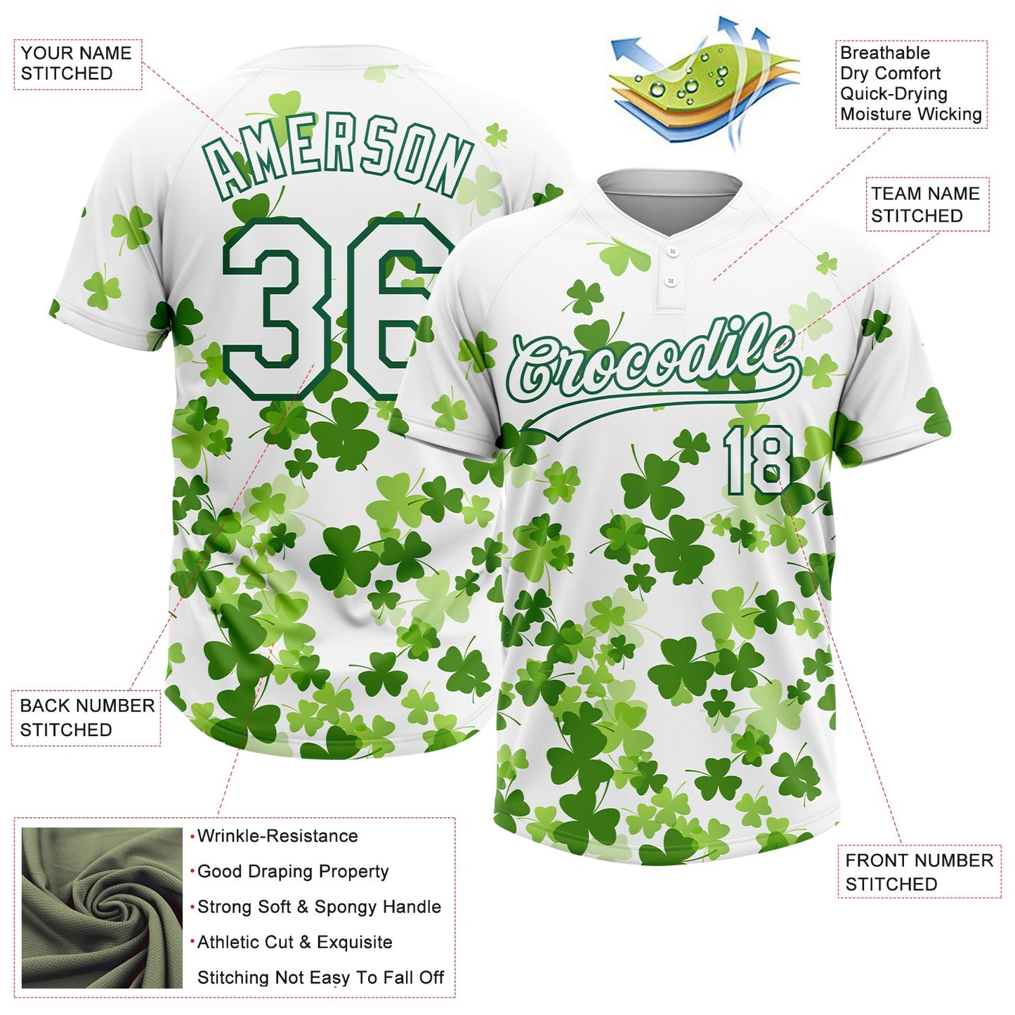Custom White Kelly Green St.Patrick's Day Shamrock 3D Pattern Design Two-Button Unisex Softball Jersey