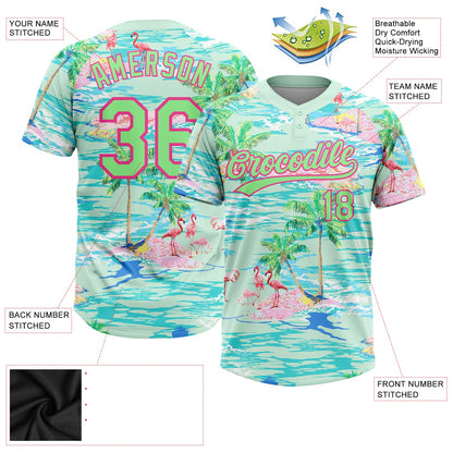 Custom Lakes Blue Pea Green-Pink Beach Hawaii Palm Trees And Flamingo Two-Button Unisex Softball Jersey