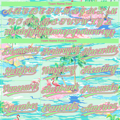 Custom Lakes Blue Pea Green-Pink Beach Hawaii Palm Trees And Flamingo Two-Button Unisex Softball Jersey