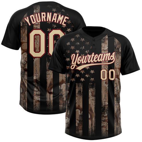 Custom Camo Cream Black-Crimson American Flag Salute To Service Two-Button Unisex Softball Jersey