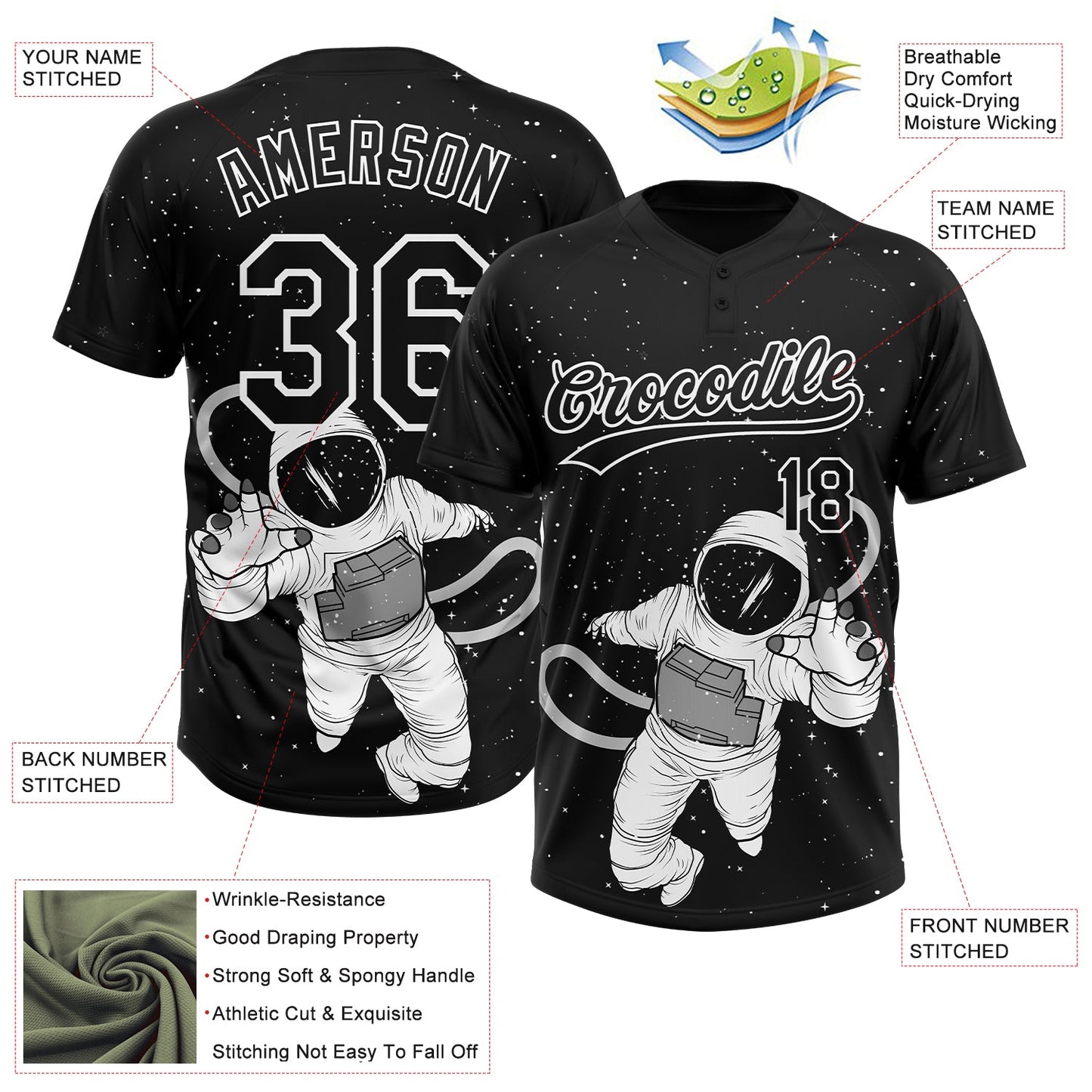 Custom Black White Astronaut 3D Pattern Design Two-Button Unisex Softball Jersey