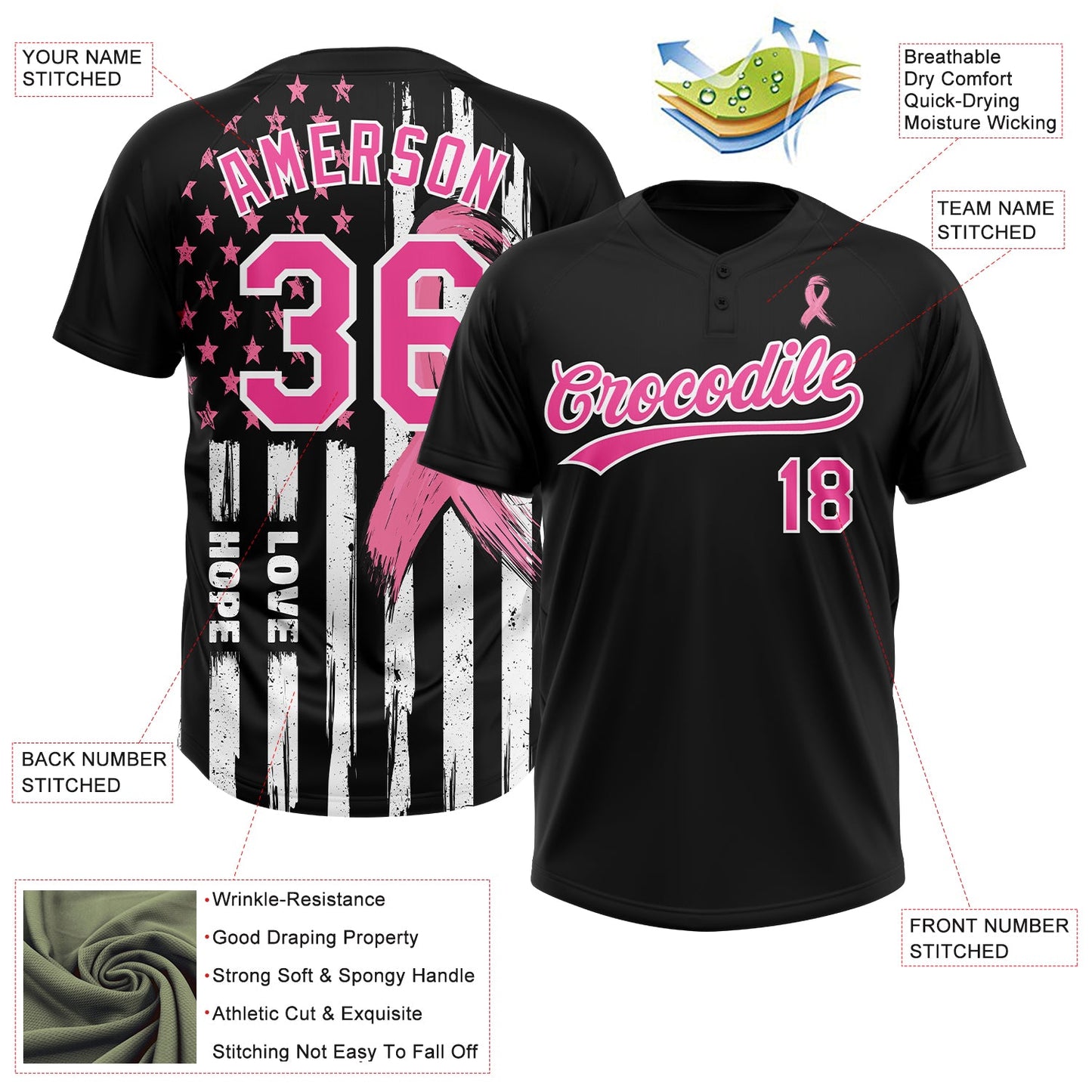Custom Black Pink-White American Flag With Pink Ribbon Breast Cancer Awareness Month Women Health Care Support Two-Button Unisex Softball Jersey