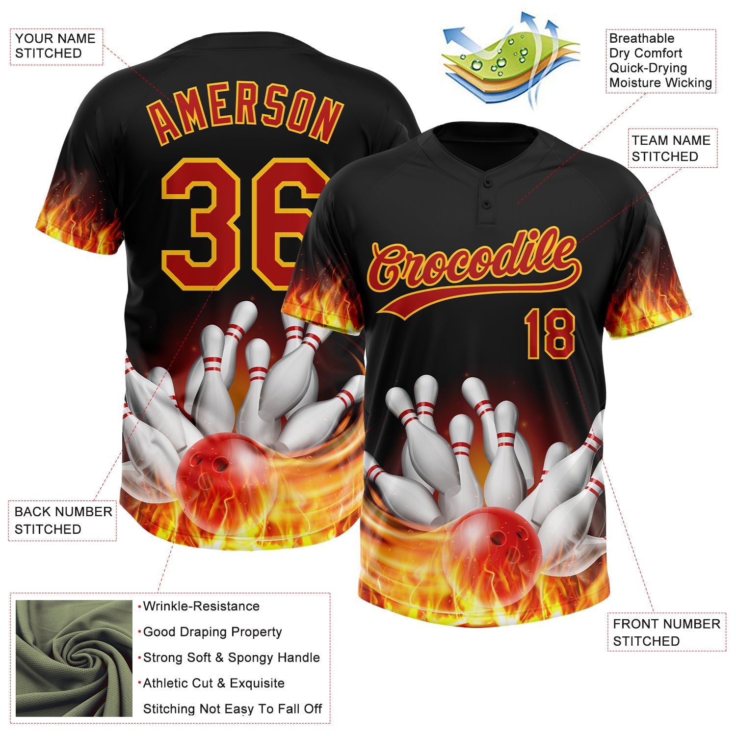 Custom Black Red-Yellow Flame Bowling 3D Pattern Design Two-Button Unisex Softball Jersey