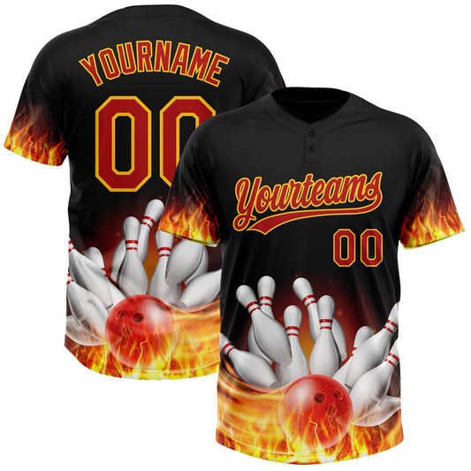 Custom Black Red-Yellow Flame Bowling 3D Pattern Design Two-Button Unisex Softball Jersey