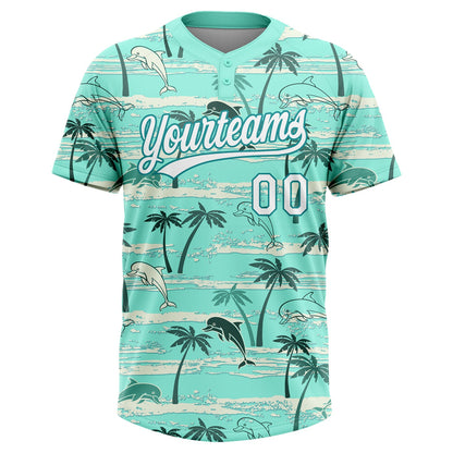 Custom Teal White Hawaii Palm Trees And Dolphin Two-Button Unisex Softball Jersey