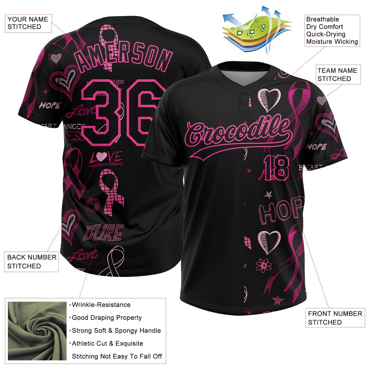 Custom Black Pink Pink Ribbon Breast Cancer Awareness Month Women Health Care Support Two-Button Unisex Softball Jersey