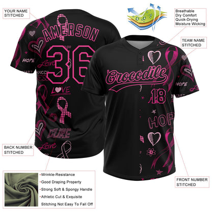 Custom Black Pink Pink Ribbon Breast Cancer Awareness Month Women Health Care Support Two-Button Unisex Softball Jersey