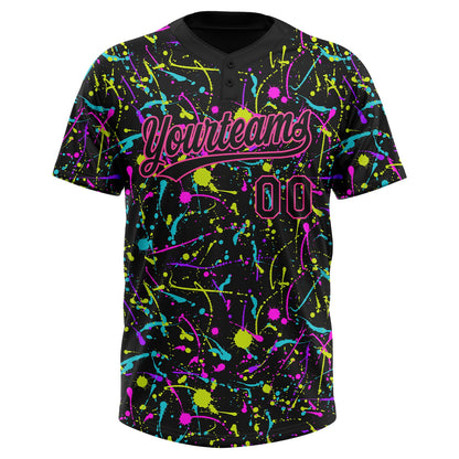 Custom Graffiti Pattern Black-Pink Vibrant Multi-Color Abstract Splatter Two-Button Unisex Softball Jersey