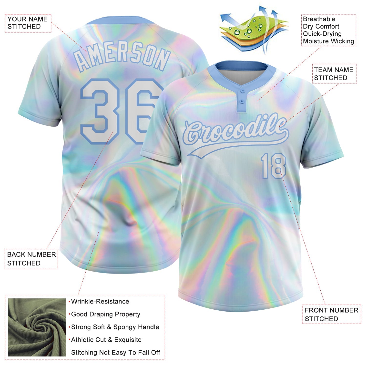 Custom White Light Blue Abstract Trendy Holographic Vaporwave Style 3D Pattern Design Two-Button Unisex Softball Jersey