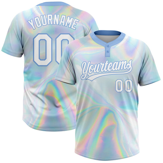 Custom White Light Blue Abstract Trendy Holographic Vaporwave Style 3D Pattern Design Two-Button Unisex Softball Jersey
