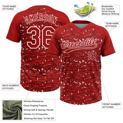 Custom Red-White Raglan Sleeves Distressed Fragment Brush Stroke Two-Button Unisex Softball Jersey