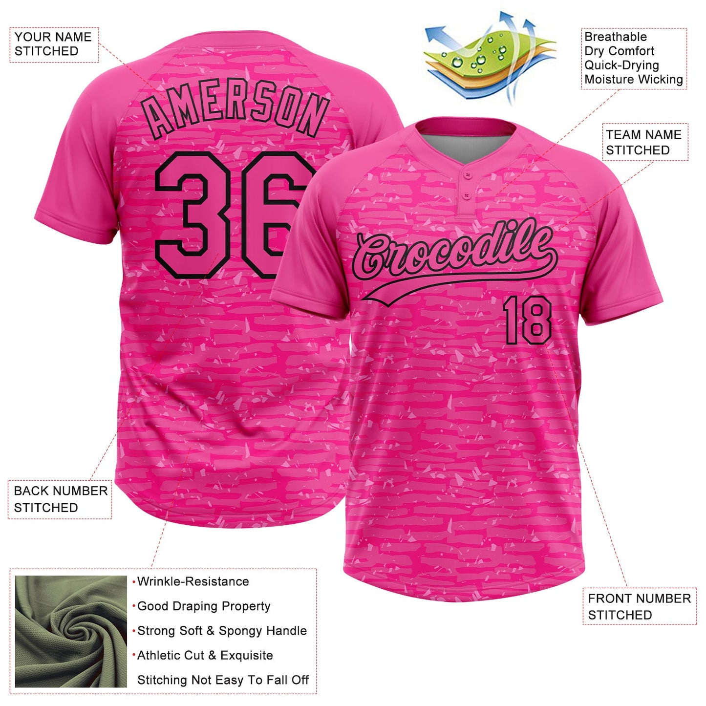 Custom Pink-Black Raglan Sleeves Distressed Fragment Brush Stroke Two-Button Unisex Softball Jersey